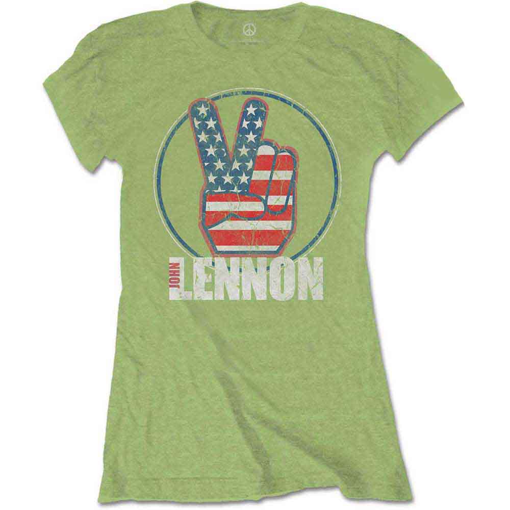 John Lennon Peace Fingers US Flag Ladies T-Shirt