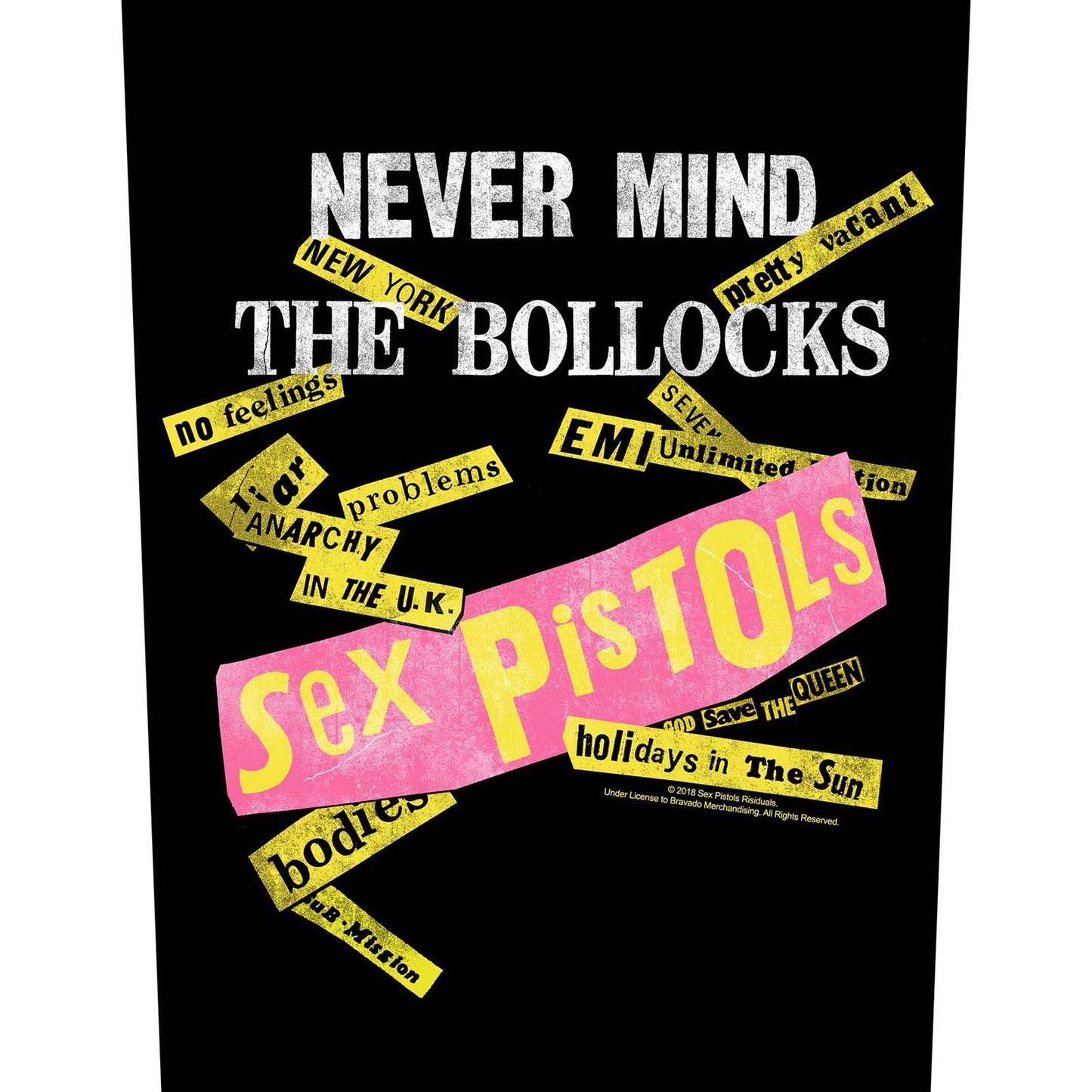 THE SEX PISTOLS BACK PATCH: NEVER MIND THE BOLLOCKS ALBUM TRACKS BLACK