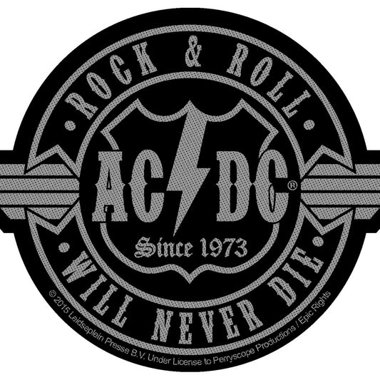 ACDC STANDARD PATCH: ROCK N ROLL WILL NEVER DIE CUT-OUT