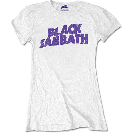 BLACK SABBATH LADIES T-SHIRT: WHITE WAVY LOGO VINTAGE