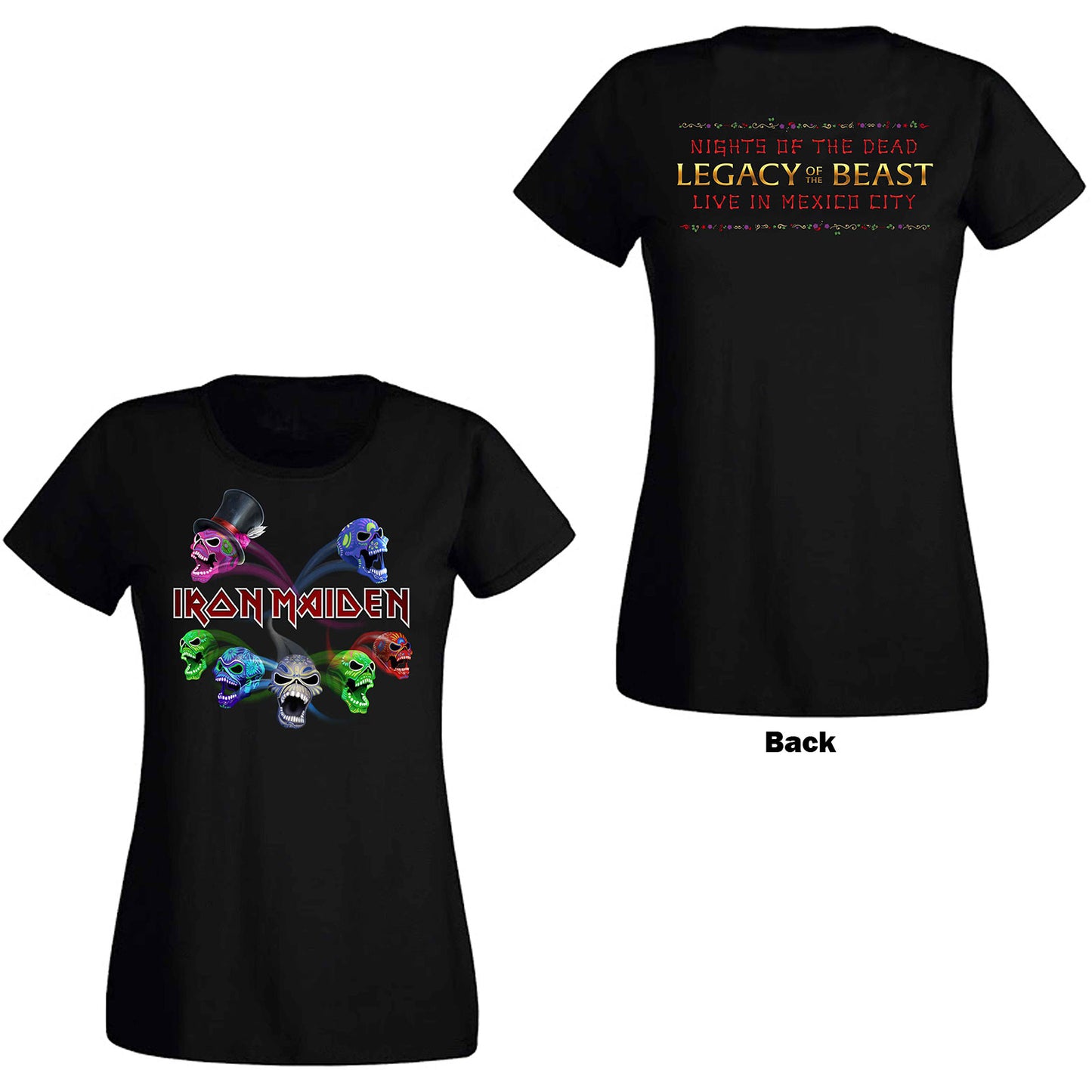 IRON MAIDEN LADIES T-SHIRT: LEGACY OF THE BEAST LIVE ALBUM SKULLS