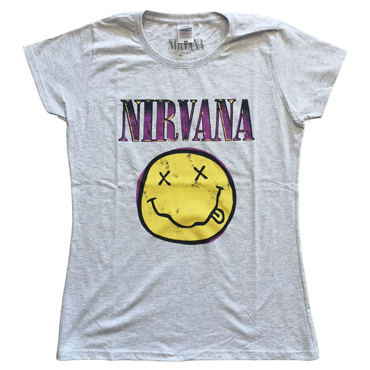 NIRVANA LADIES T-SHIRT: XEROX HAPPY FACE PINK