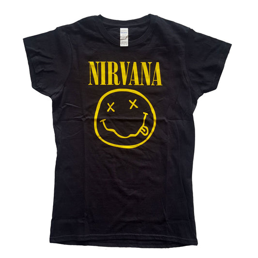 NIRVANA LADIES T-SHIRT: YELLOW HAPPY FACE